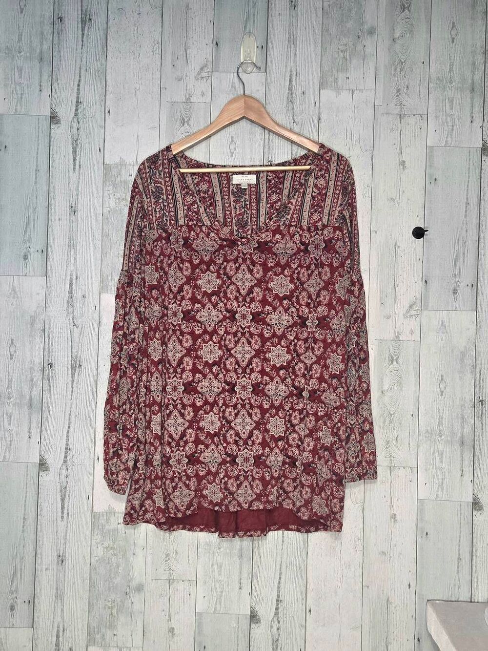 Lucky Brand Burgundy Boho Lightweight Jersey Top Blouse Sz. 2X